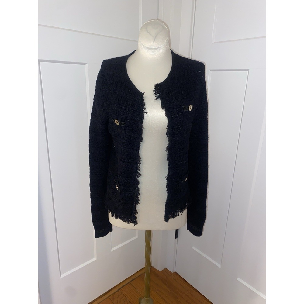 Lilly‎ Pulitzer Black Bekington Fringe Cardigan Textured Tweed Sweater Small